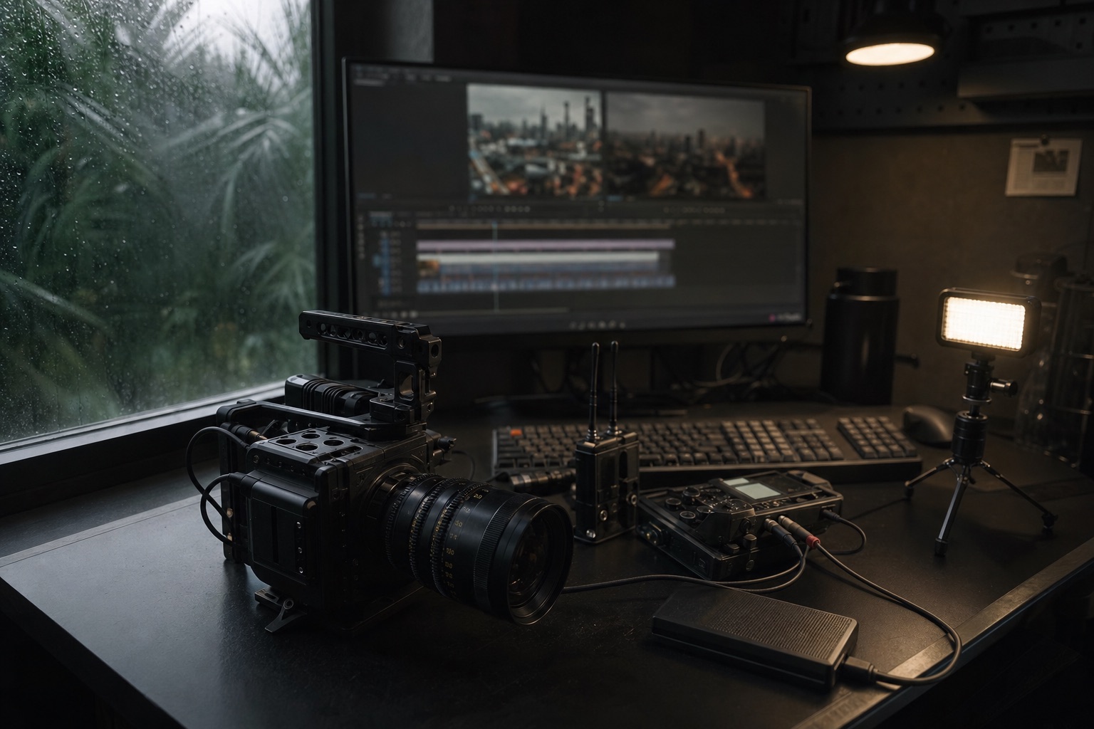 Professional camera, audio equipment and editing workstation used for technology production